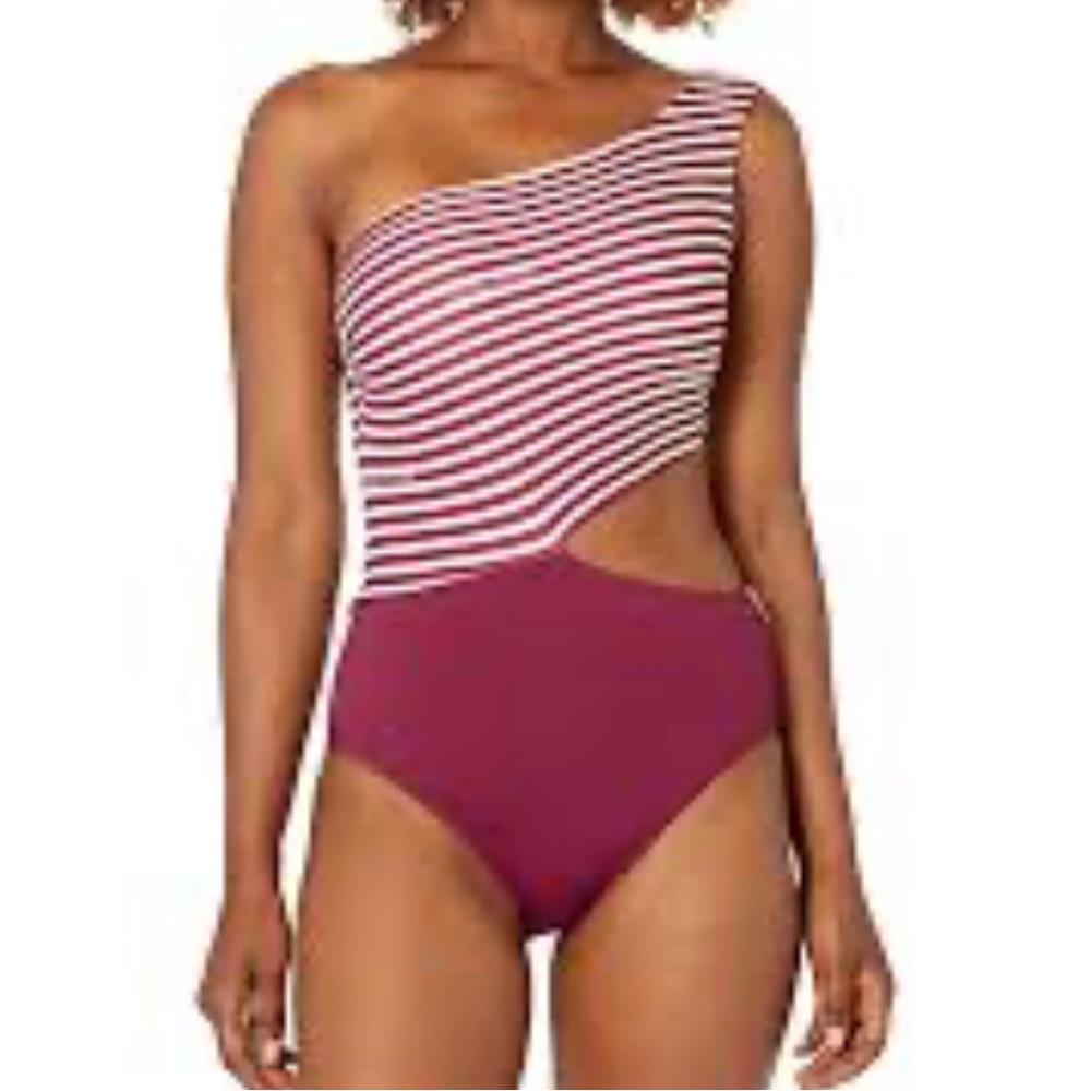 MICHAEL KORS Red and White Striped One-Shoulder Swimsuit. Size 8. Never worn!